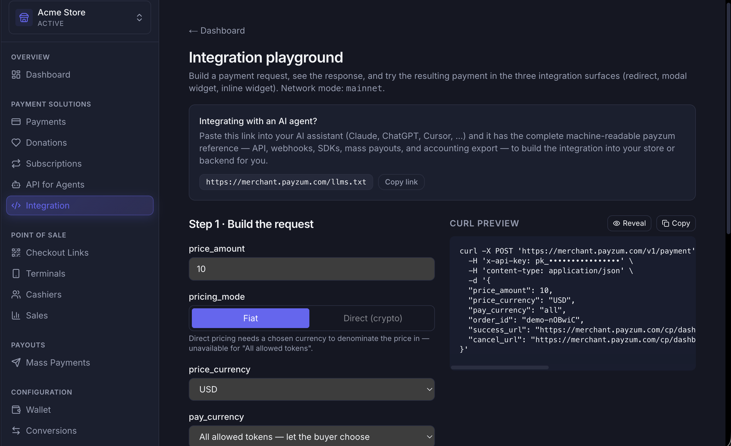 Step 1 of the Payzum crypto payment integration: building the payment request with price amount, pricing mode and pay currency, next to the generated curl preview