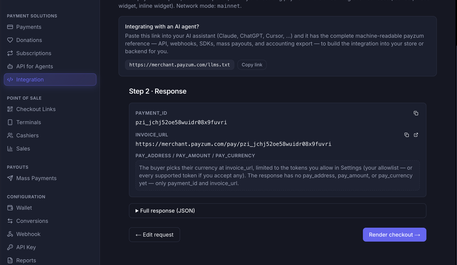 Step 2 of the integration: the API response showing payment_id and invoice_url, with a note that the buyer picks the currency at checkout