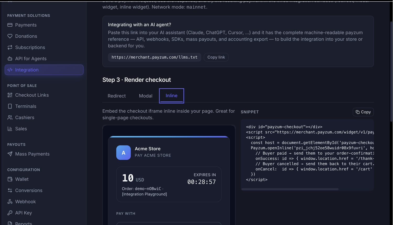 The Payzum inline widget rendering the crypto checkout inside a page, with amount, order reference, expiry countdown and the embed snippet