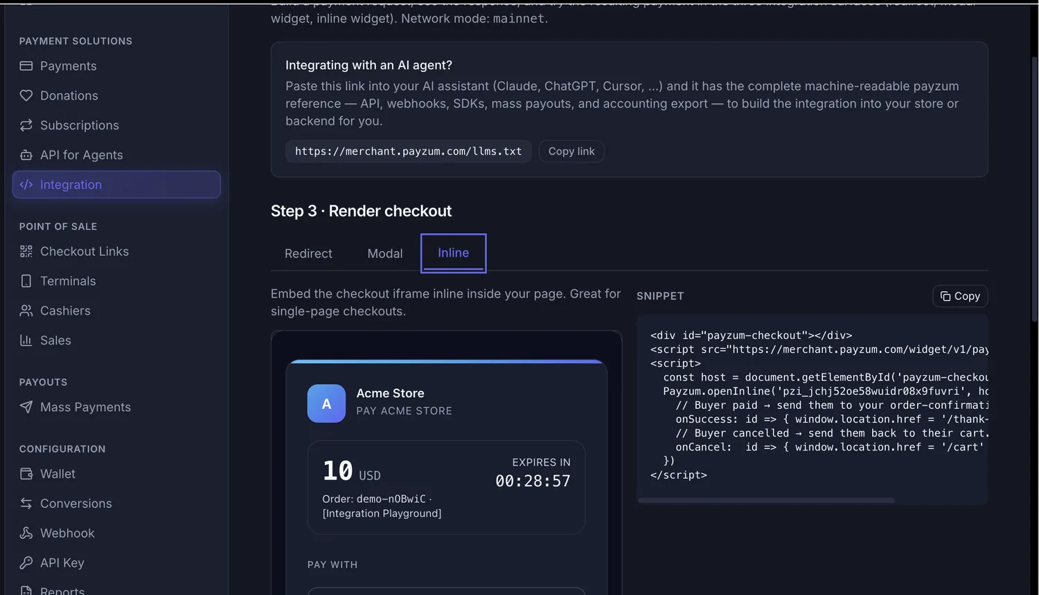 The Payzum inline widget rendering the crypto checkout inside a page, with amount, order reference, expiry countdown and the embed snippet