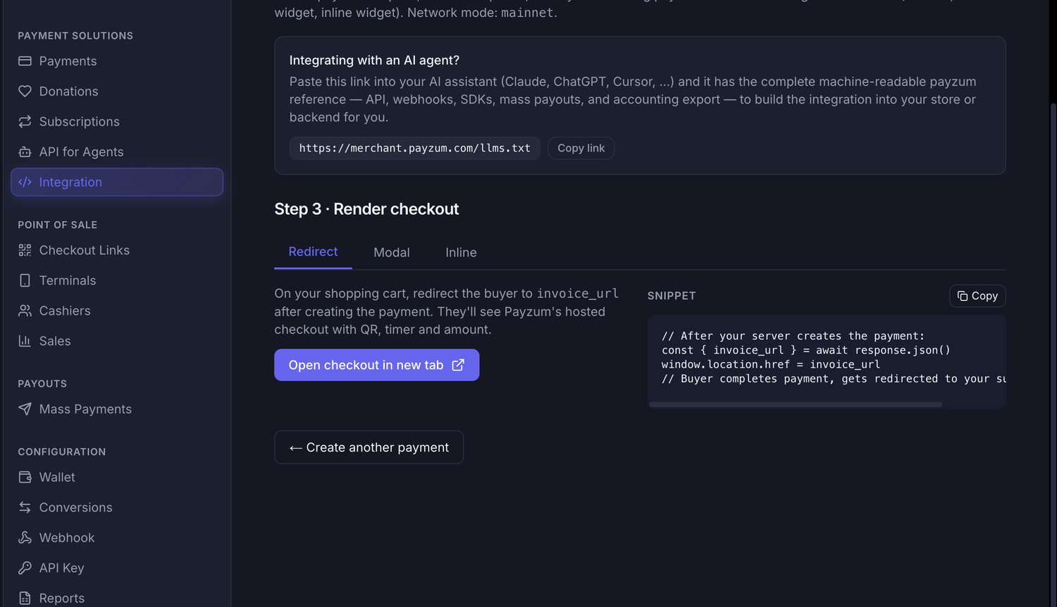 Step 3 of the integration: rendering the checkout as a redirect, with the one-line snippet that sends the buyer to invoice_url