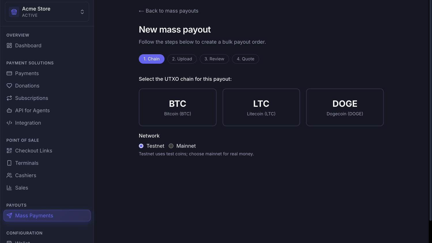 Creating a new crypto mass payout in Payzum: the four wizard steps and the choice of BTC, LTC or DOGE on testnet or mainnet
