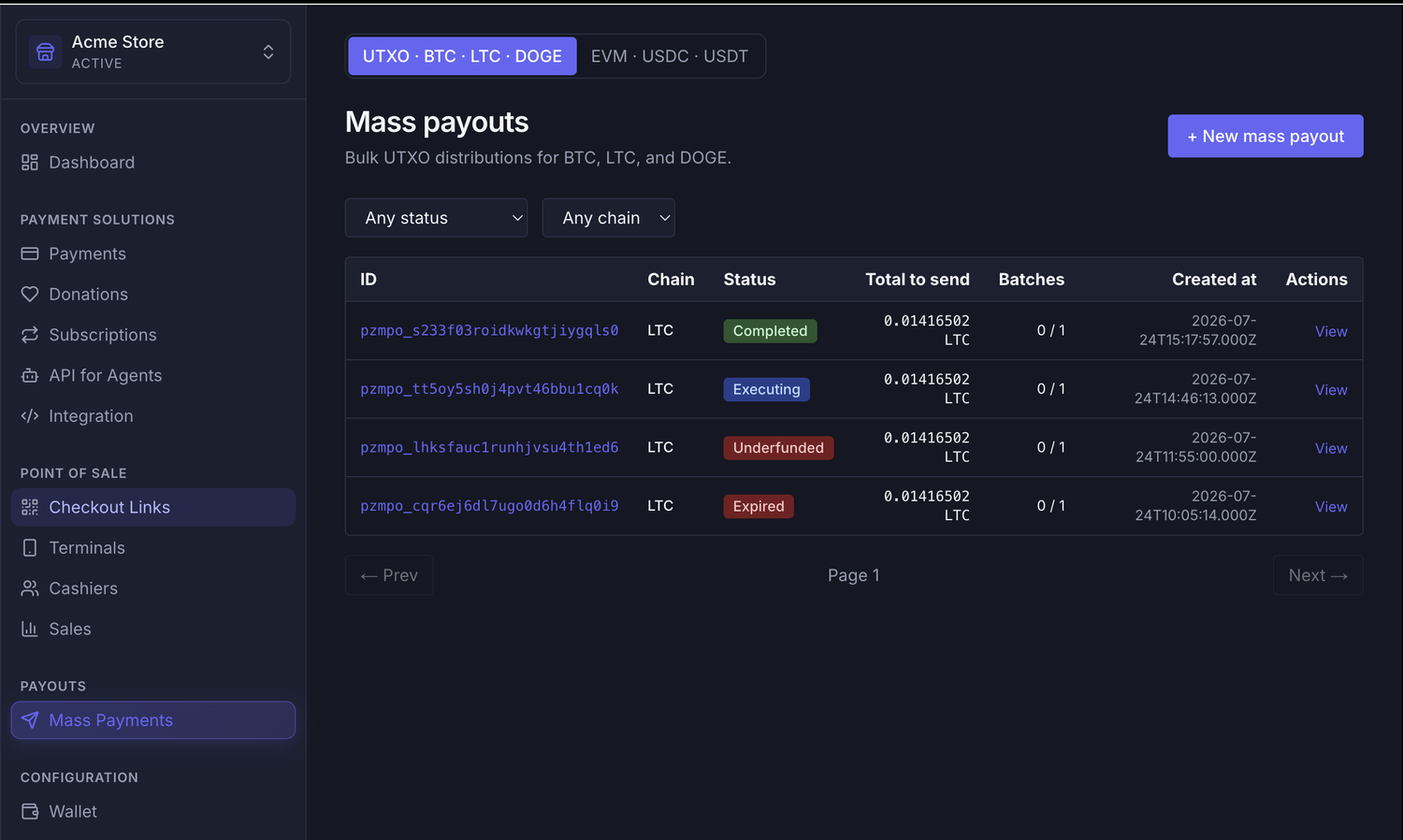 Payzum crypto mass payouts list showing UTXO and EVM tabs, order IDs, chain, status, total to send and batch progress