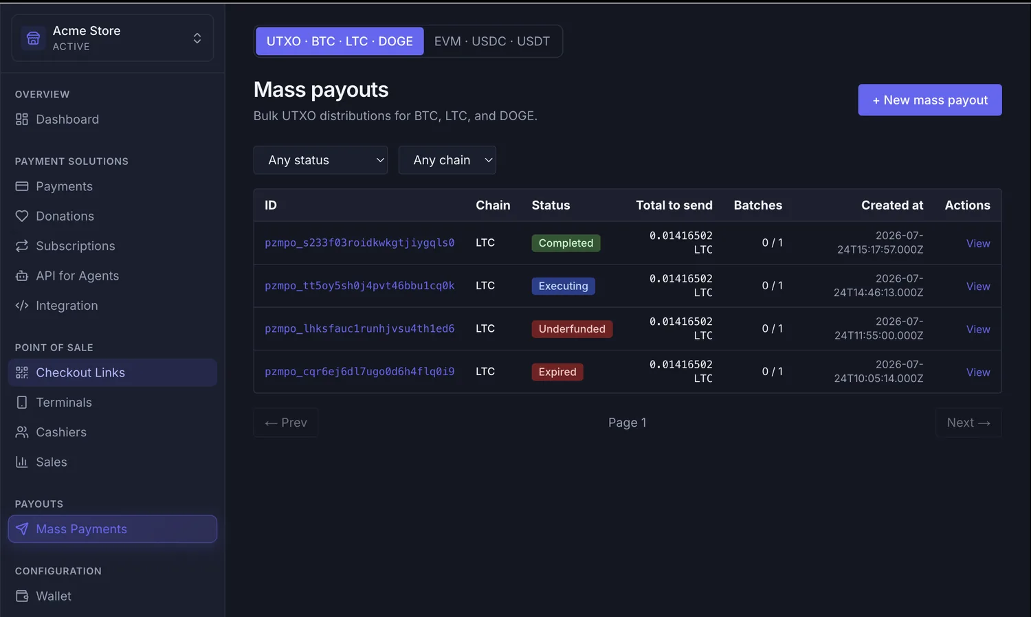 Listado de pagos masivos en cripto de Payzum con las pestañas UTXO y EVM, IDs de orden, cadena, estado, total a enviar y avance de lotes