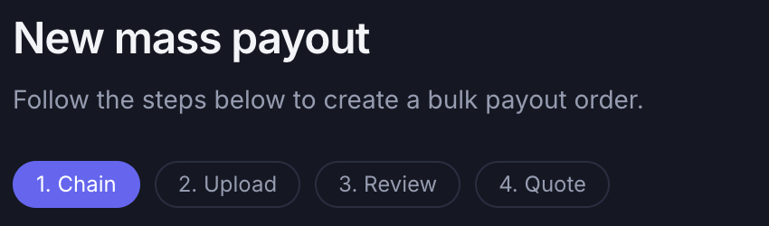 The four steps of a Payzum crypto mass payout: chain, upload, review and quote