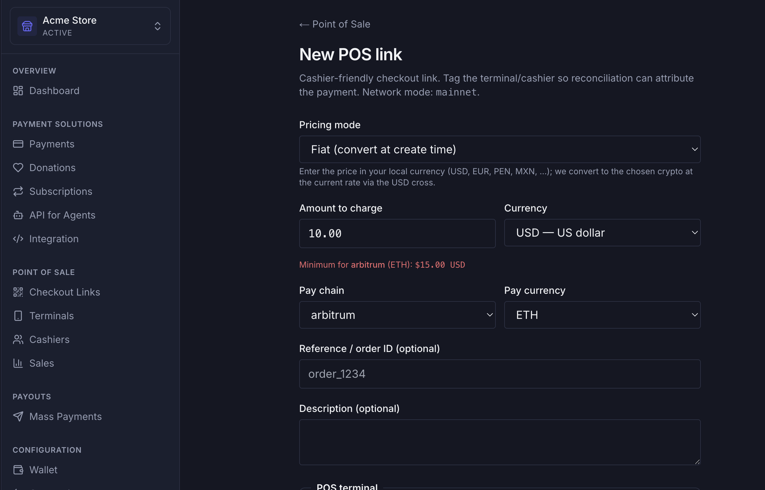 Creating a POS charge in Payzum: pricing mode in fiat, amount and currency, pay chain and pay currency, order reference and description
