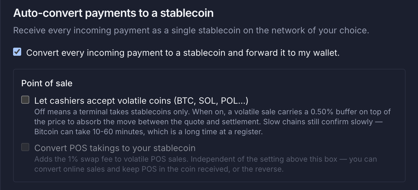 Payzum stablecoin settings for point of sale: a toggle to let cashiers accept volatile coins and a toggle to convert POS takings to a stablecoin