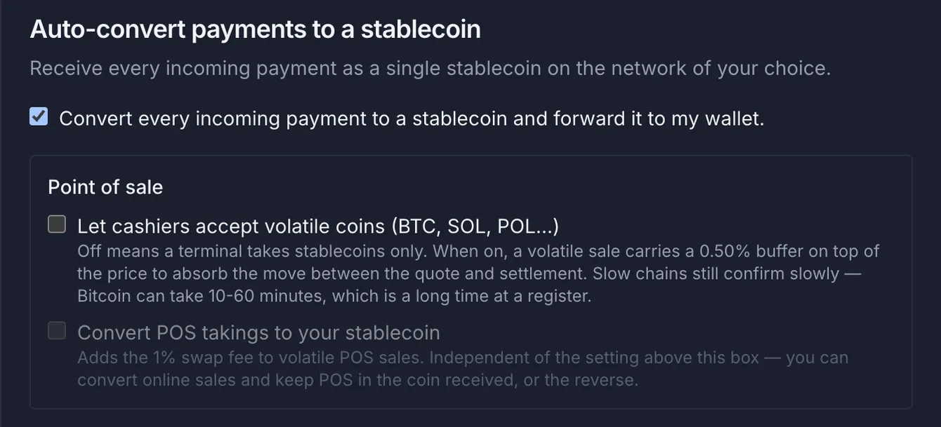 Ajustes de stablecoin para el punto de venta en Payzum: activar monedas volátiles para cajeros y convertir la recaudación del POS a stablecoin