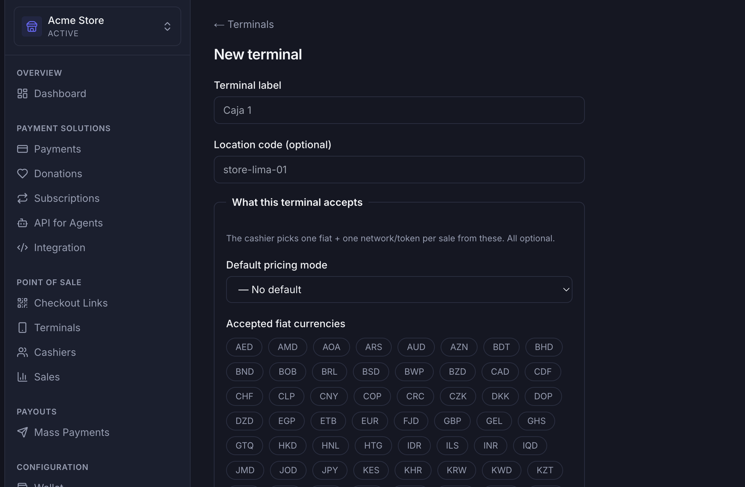 Creating a new terminal in the Payzum crypto POS system, with terminal label, location code and the fiat currencies and networks it accepts