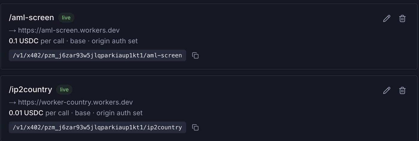 Two live x402 endpoints in Payzum with their per-call USDC price, network, origin auth status and the public x402 URL agents call