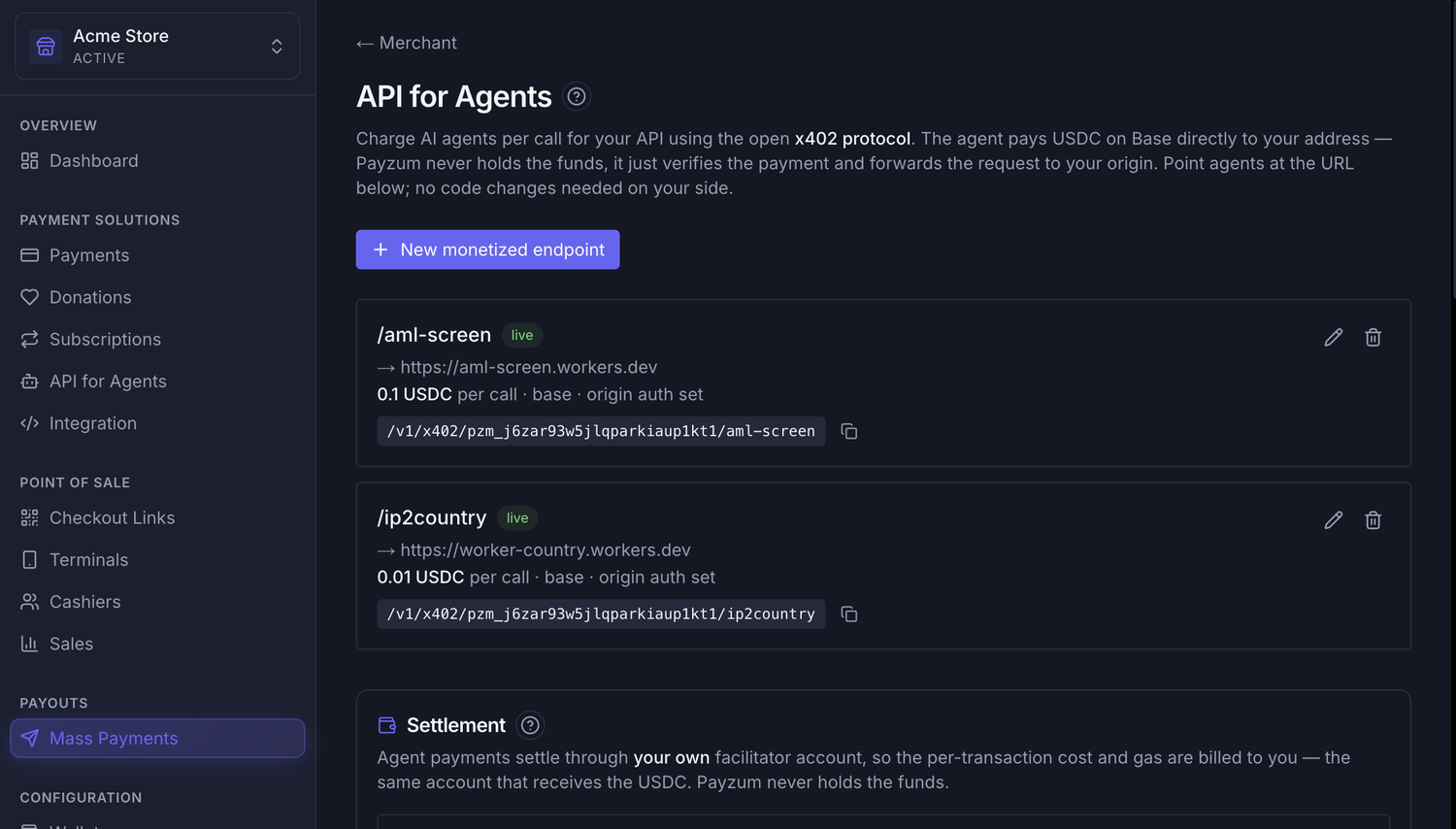 The API for Agents screen in Payzum listing live x402 endpoints and their settlement configuration